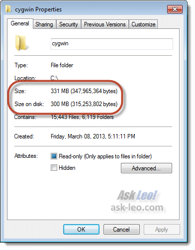Folder Properties After Compression Highlighting Size
