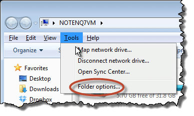 Windows 7 Explorer Folder Options link