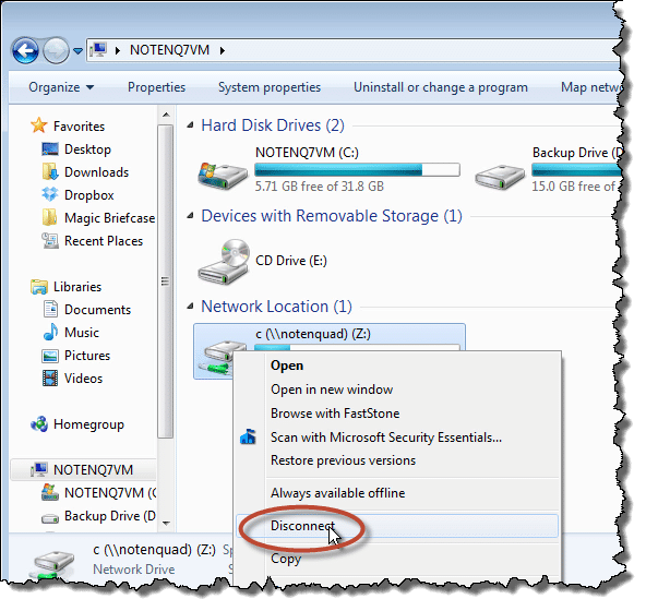 Windows 7 Explorer Disconnect Remote Drive
