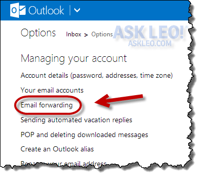 Outlook.com Email Forwarding link