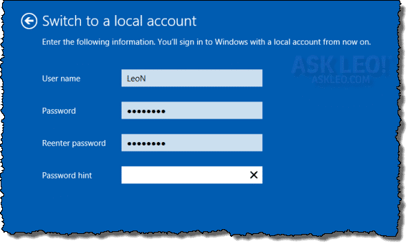 Windows 8 Switching to a Local Account
