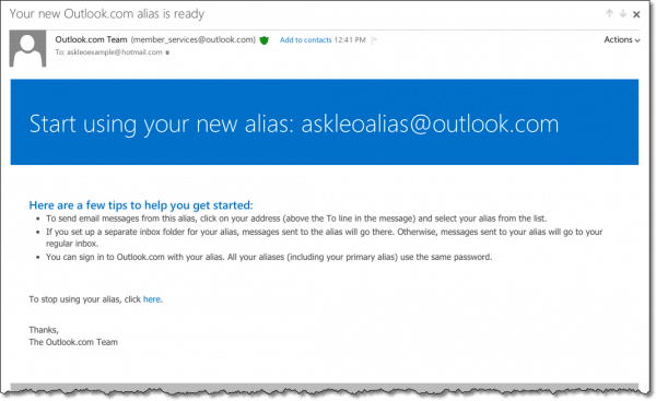 Outlook.com Alias Confirmation