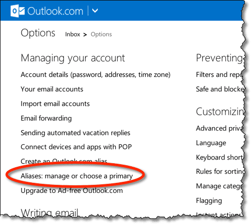Outlook.com Manage Aliases Link