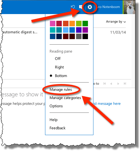 Outlook.com Manage Rules link