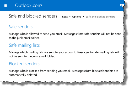 Outlook.com safe and blocked senders page