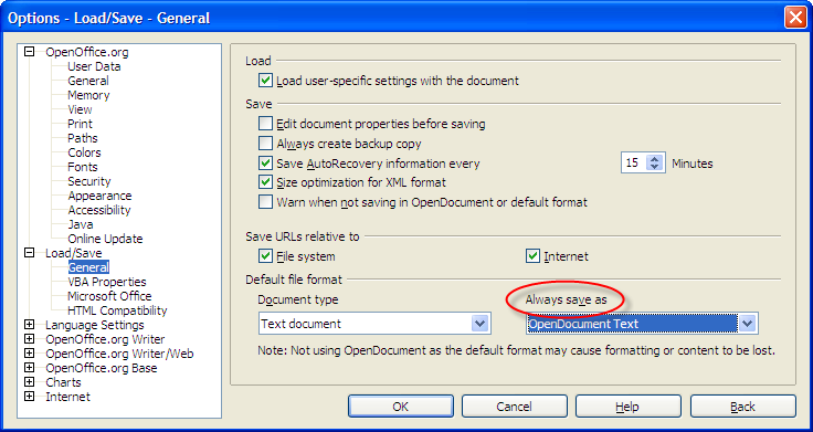 Open Office Writer Load/Save Options