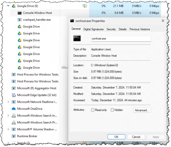 Google Drive's instance of Console Window Host properties.