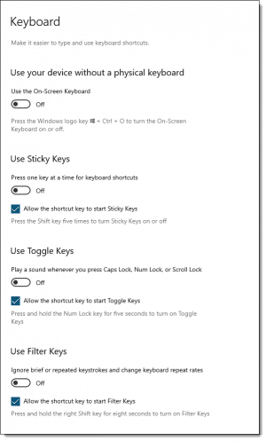 Default Keyboard Ease of Access settings