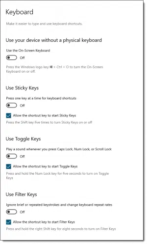 Default Keyboard Ease of Access settings