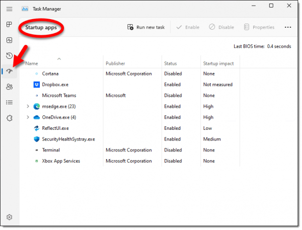 Task Manager Startup entries in Windows 11.