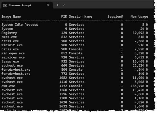 Tasklist in Command Prompt.