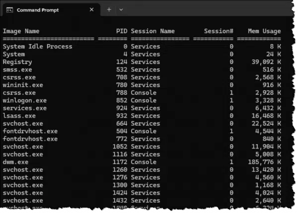 Tasklist in Command Prompt.