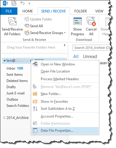 Outlook PST Right Click