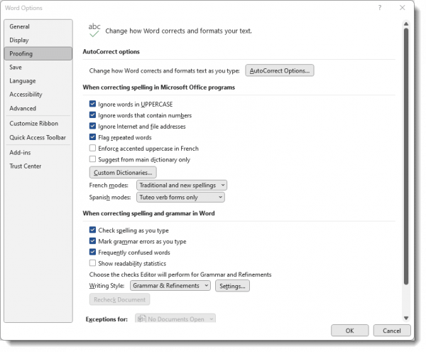 Microsoft Word proofing options.