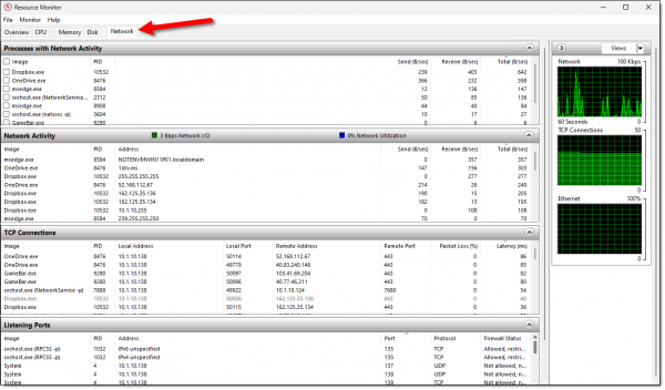 Resource Monitor, network tab.