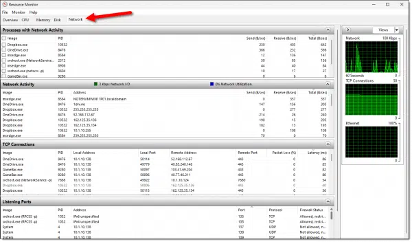 Resource Monitor, network tab.