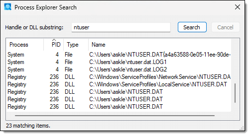 Process Explorer Search results showing the System process.