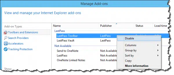 Disabling an Add-on in IE