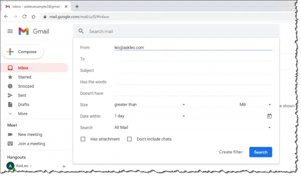 Gmail search for an email address.