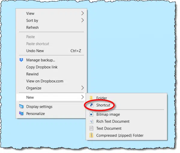 New Shortcut menu item.