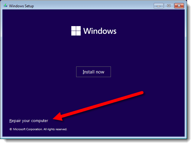 Repair your computer option in Windows Setup media.