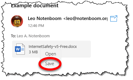 Saving an attachment in Windows Mail program. (Screenshot: askleo.com)