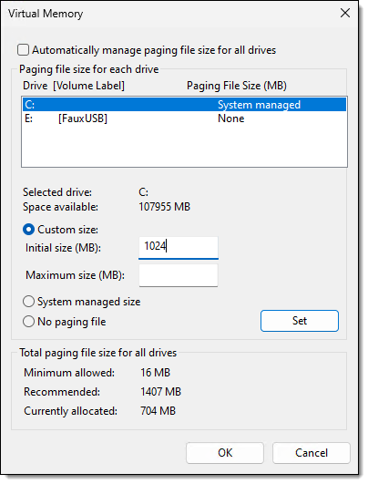 Virtual Memory custom configuration.