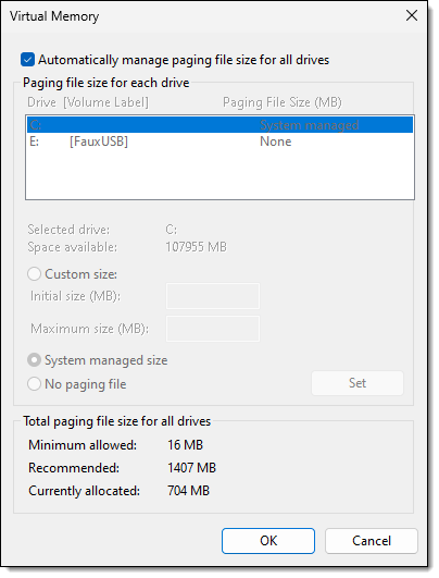 Virtual Memory settings.