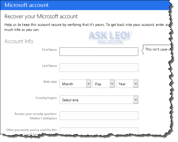 Outlook.com recovery questionaire