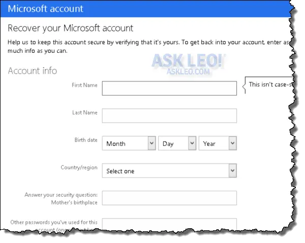 Outlook.com recovery questionaire