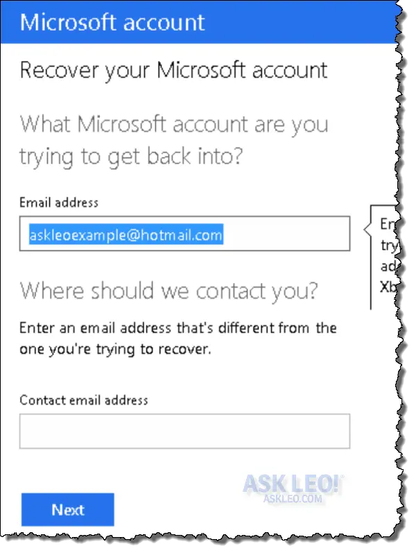 Outlook.com password recovery questionaire start