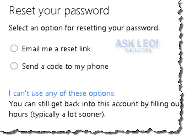 Outlook.com Password Reset Options