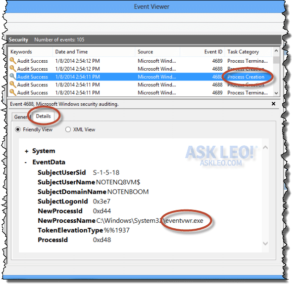 Event Viewer Process Creation Event