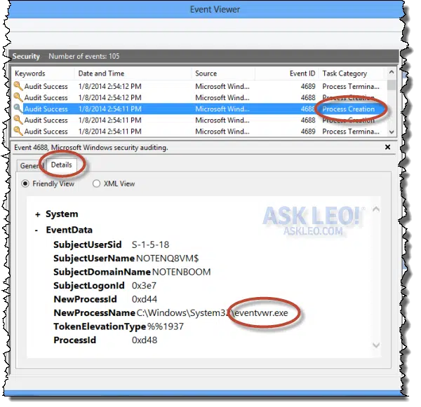 Event Viewer Process Creation Event