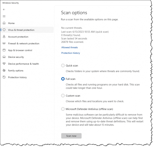Windows Security full scan option.