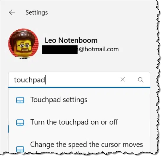 Searching for touchpad settings. (Screenshot: askleo.com)