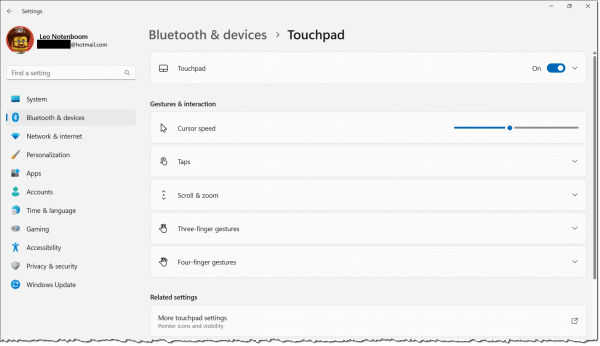 Touchpad Settings in Windows 11.