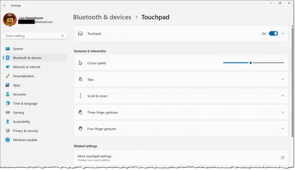 Touchpad Settings in Windows 11.