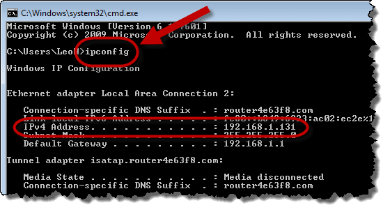 Command Prompt showing IP address