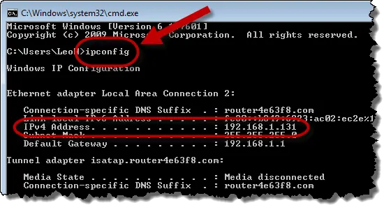 Command Prompt showing IP address