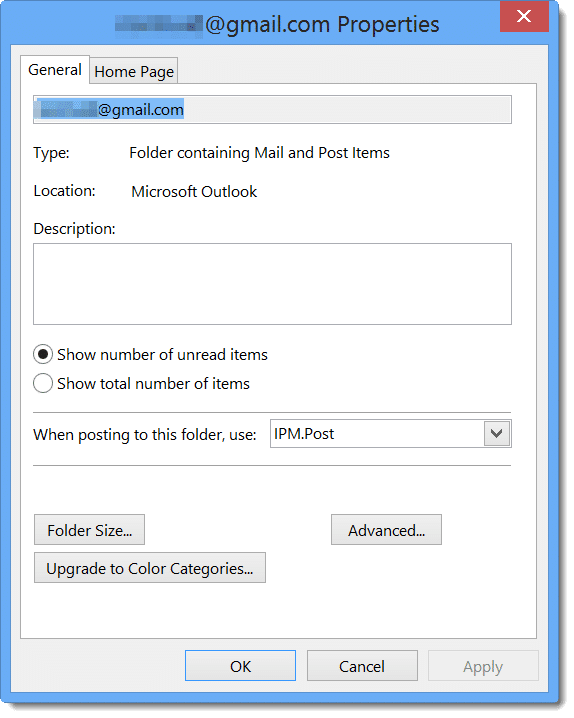 Outlook 2013 PST Properties Dialog