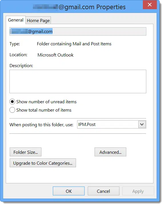 Outlook 2013 PST Properties Dialog