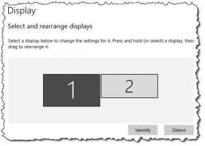 Adjusting how two displays relate to each other in Windows 10.