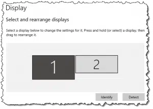 Adjusting how two displays relate to each other in Windows 10.