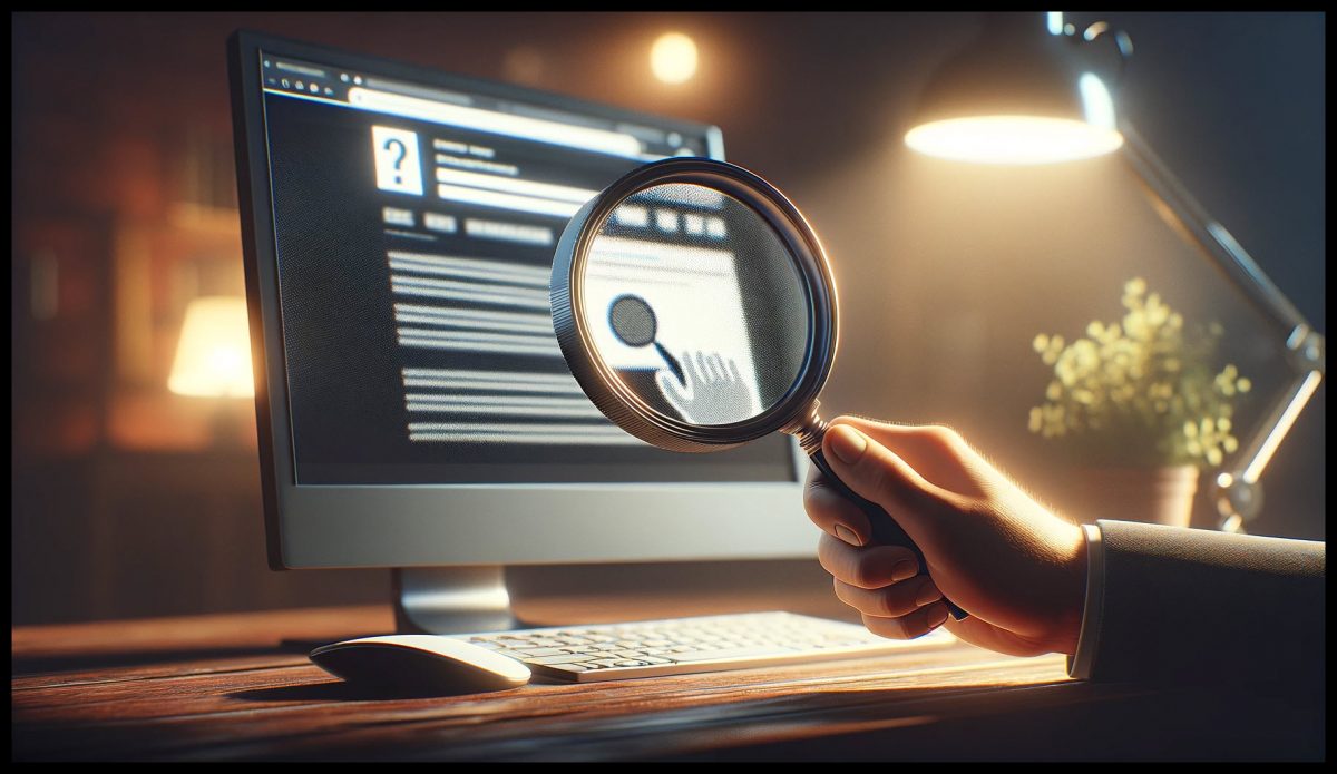 A photorealistic image in a 16:9 aspect ratio, showing a magnifying glass over a computer screen, symbolizing the search for the source of an unauthorized blog post. The computer screen should display a blurred blog page, indicating an online search without revealing specific content. The magnifying glass, held by a hand, focuses on a section of the screen, implying a detailed investigation. The setting should suggest a home or office environment, with subtle details like a desk, keyboard, and ambient lighting, emphasizing a personal quest for information. The image should convey urgency and meticulous attention, highlighting the importance of finding the source of the unauthorized post.