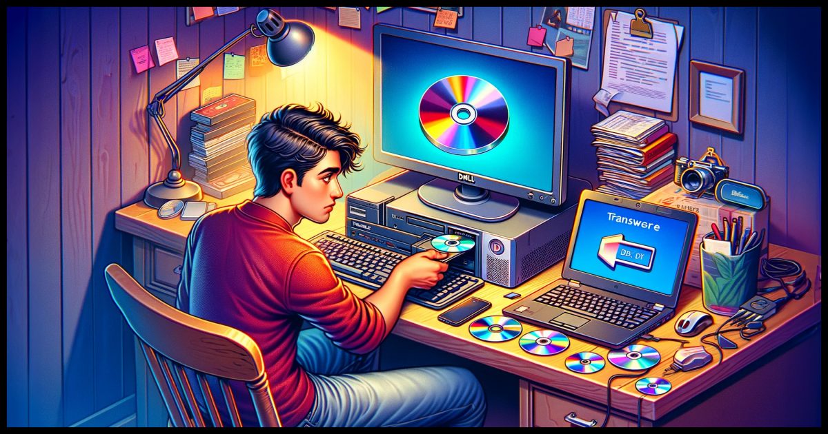 In a popular animation style, depict a person transferring software from an old desktop computer to a new laptop. The old desktop is a Dell, cluttered with CDs and USB drives, symbolizing the software to be transferred. The new laptop is sleek, modern, and has a screen displaying a progress bar, indicating the ongoing transfer. The person, a young adult of Middle-Eastern descent, is intently focused, working on both computers simultaneously. The setting is a cozy home office, with tech gadgets and notes around, indicating a tech-savvy environment. The overall tone is vibrant and engaging