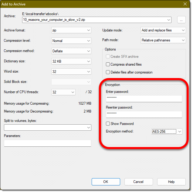 Password protecting a file being added to a zip file.