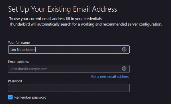Configuring an email account in Thunderbird.