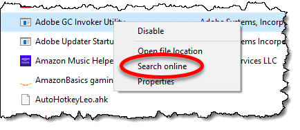 Search online option in Task manager Startup