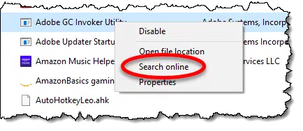 Search online option in Task manager Startup